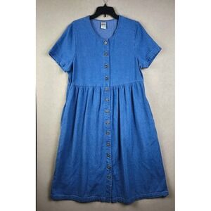 Chambray Midi Dress Button Front Pockets Casual Teacher Cottagecore PL